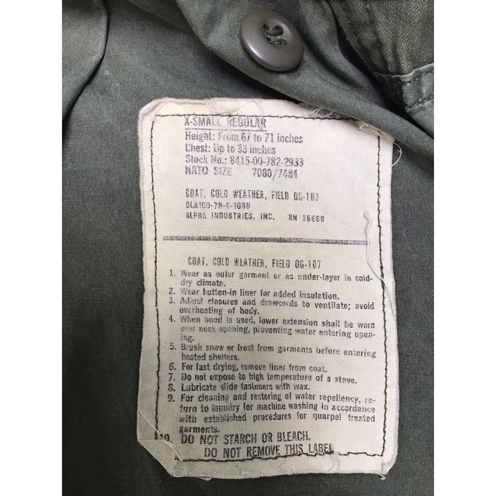 VTG US Army Field Jacket OG-107 Coat Cold Weather Military XS Short M65 USA 80's - Picture 6 of 10